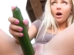 Girl fucks cucumber public home